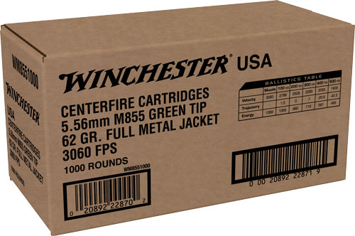 WINCHESTER USA 5.56X45 CASE LOT 62GR GREEN TIP 1000RD CASE - for sale